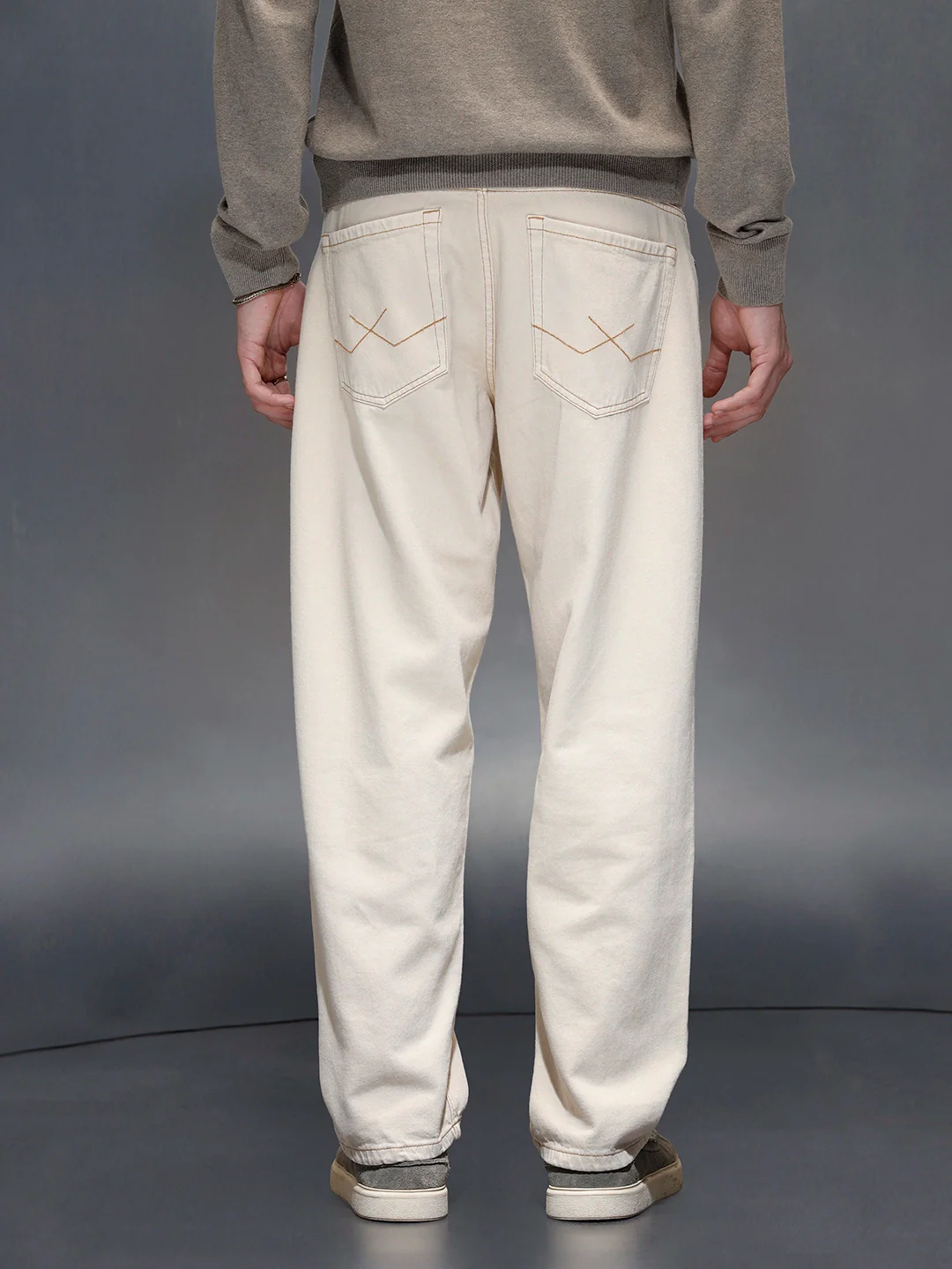 Wrogn Men's Casual Loose Fit Jeans with Contrast Stitch Detail | Khaki - Image 3