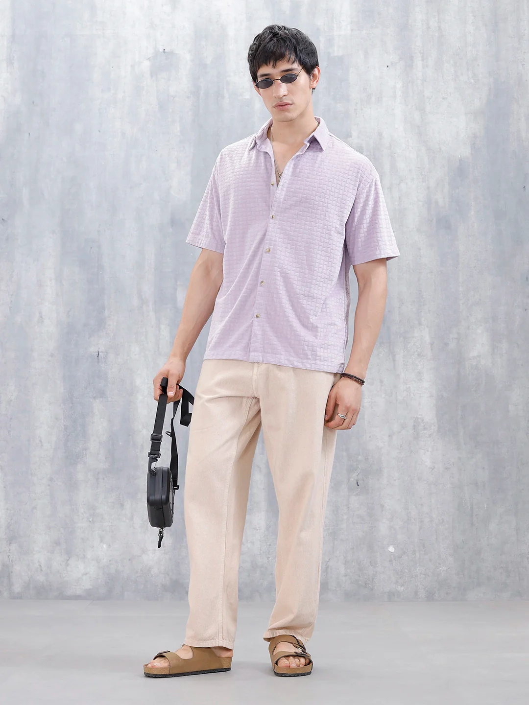 Wrogn Mens Casual Self Textured Oversized Shirt | Purple - Image 2
