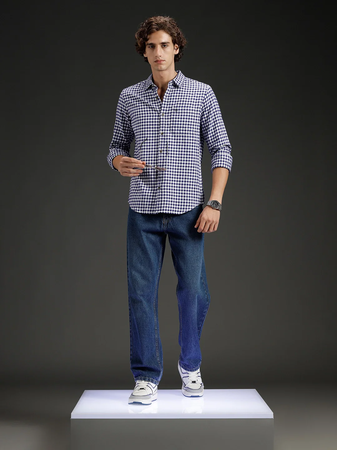 Wrogn Men's Classic Gingham Checked Shirt  | Navy Blue - Image 2