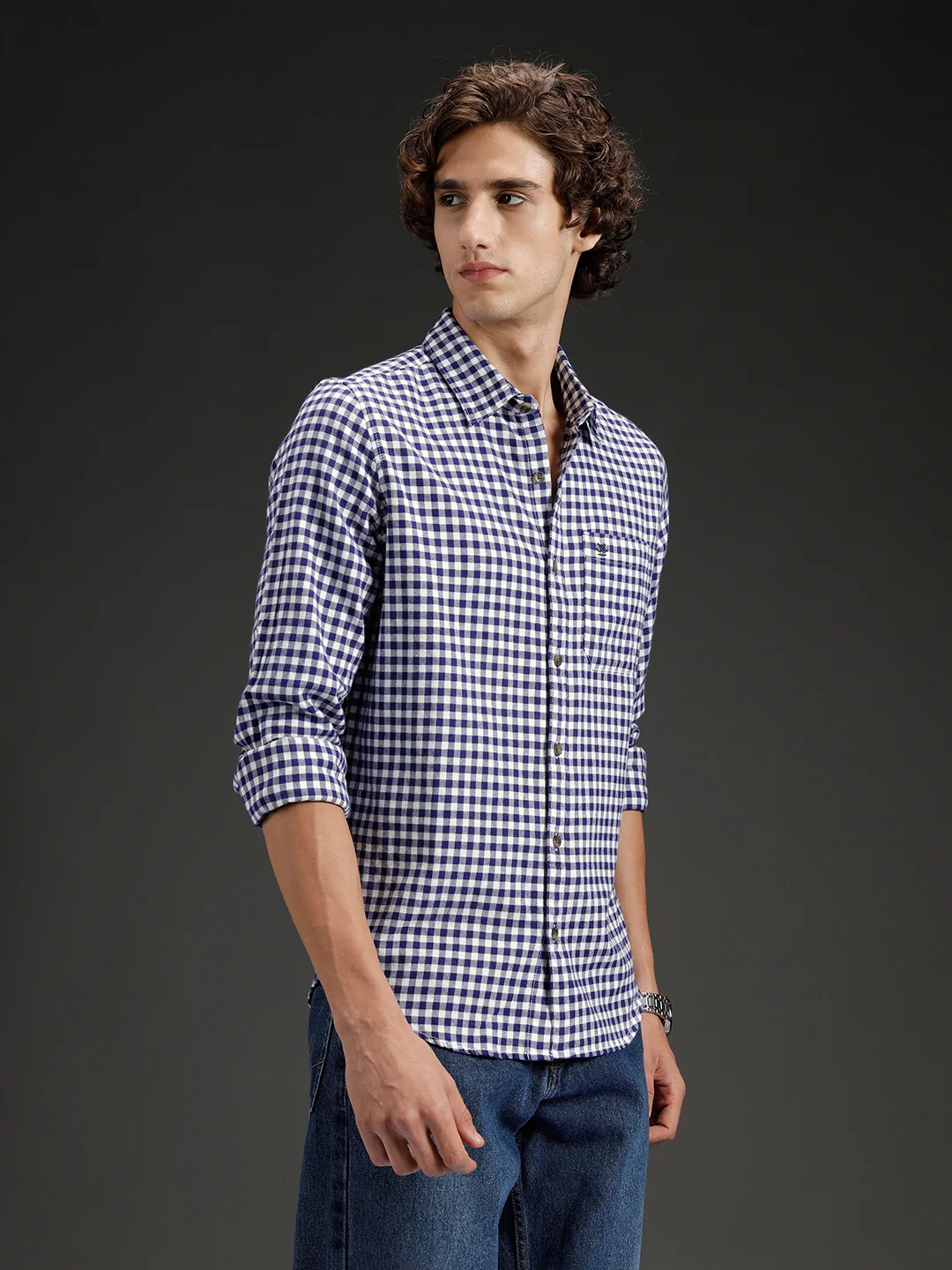 Wrogn Men's Classic Gingham Checked Shirt  | Navy Blue - Image 4