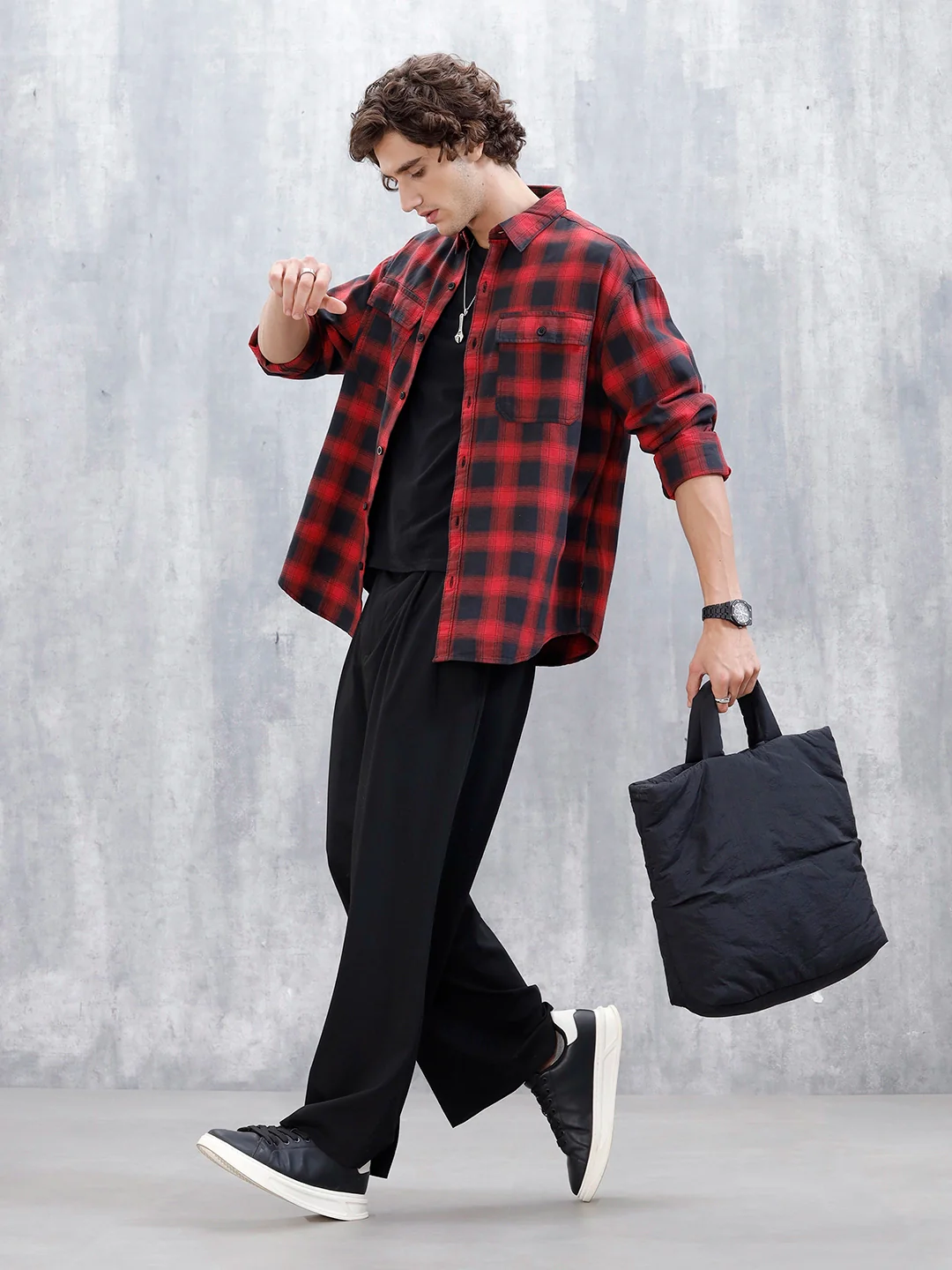 Wrogn Men's Drop-Shoulder Checked Oversized Casual Shirt | Red - Image 2
