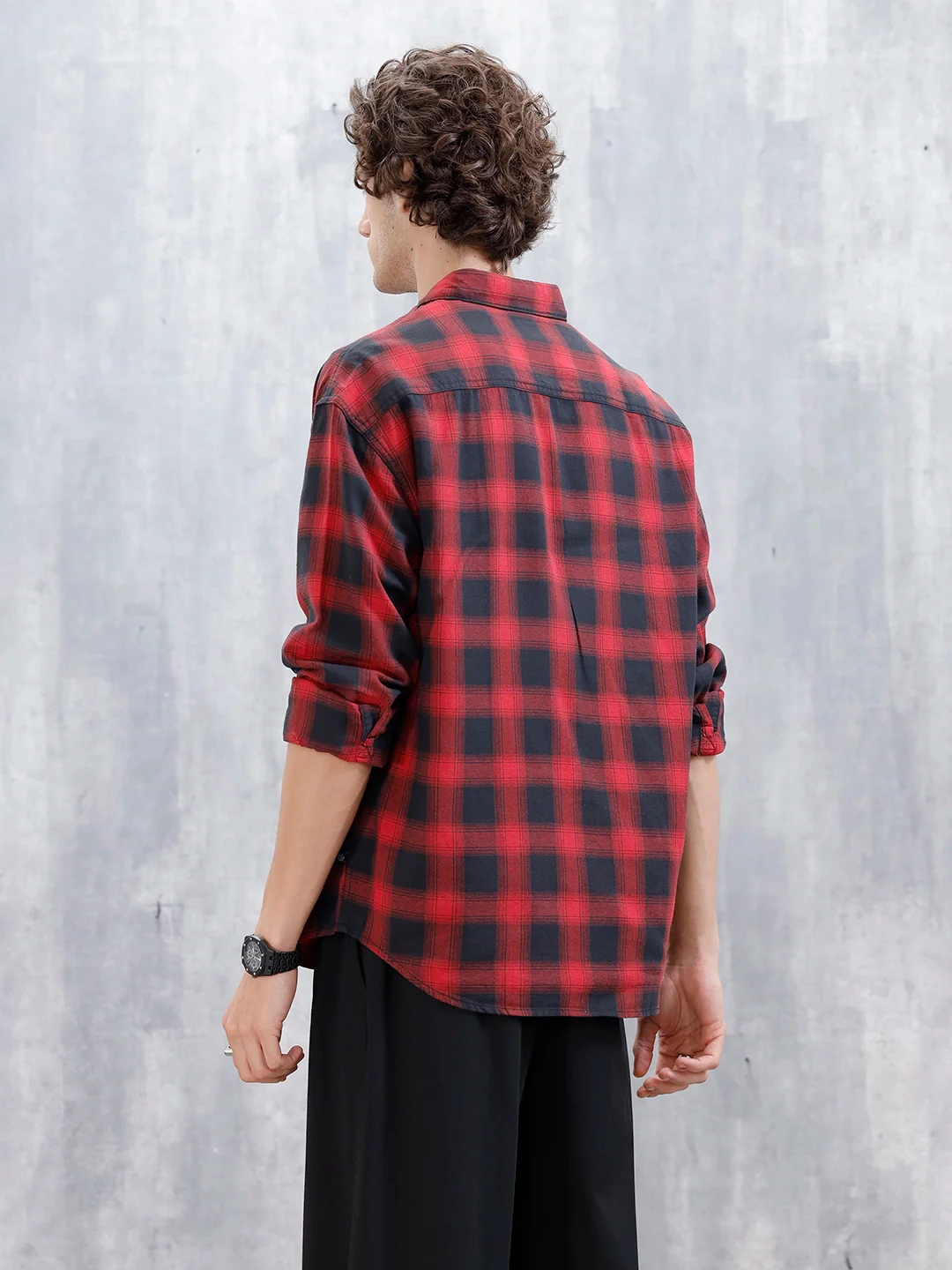 Wrogn Men's Drop-Shoulder Checked Oversized Casual Shirt | Red - Image 3