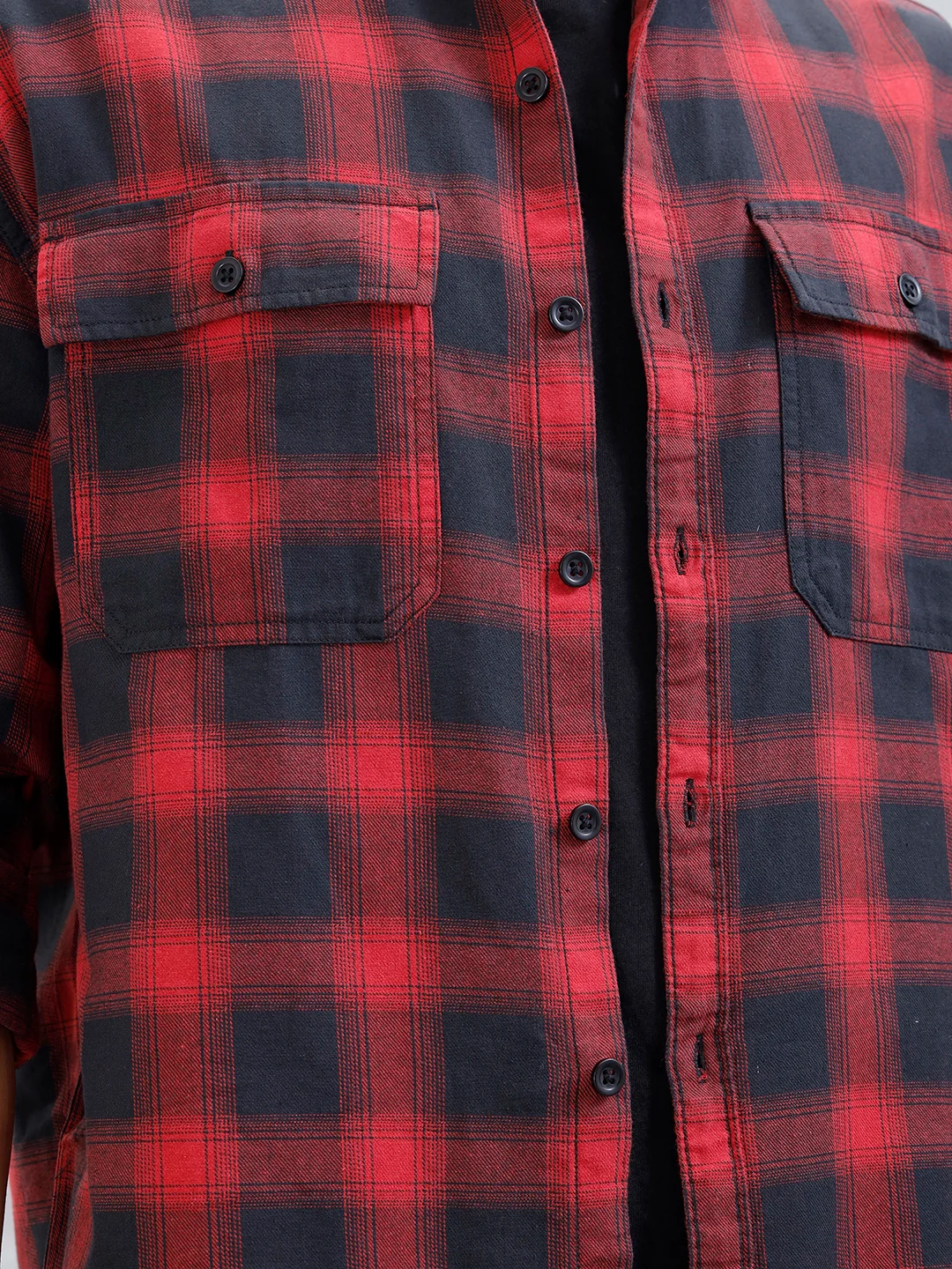 Wrogn Men's Drop-Shoulder Checked Oversized Casual Shirt | Red - Image 5