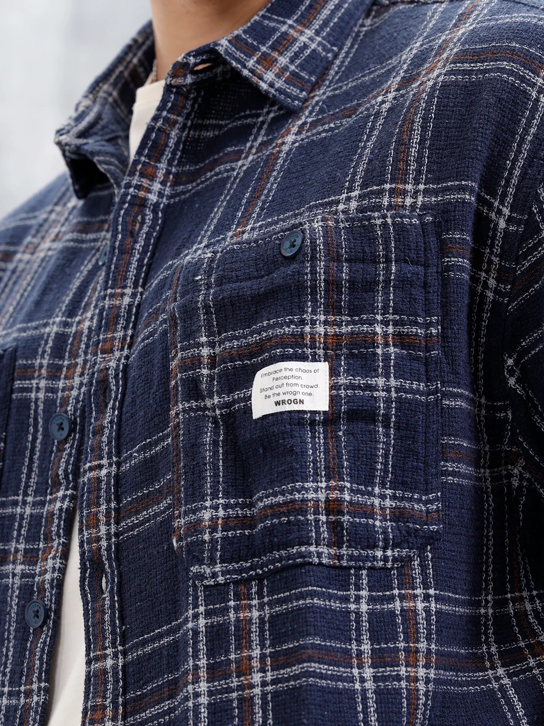 Wrogn Men's Oversized Double Pocket Textured Checks Shirt  | Navy Blue - Image 5