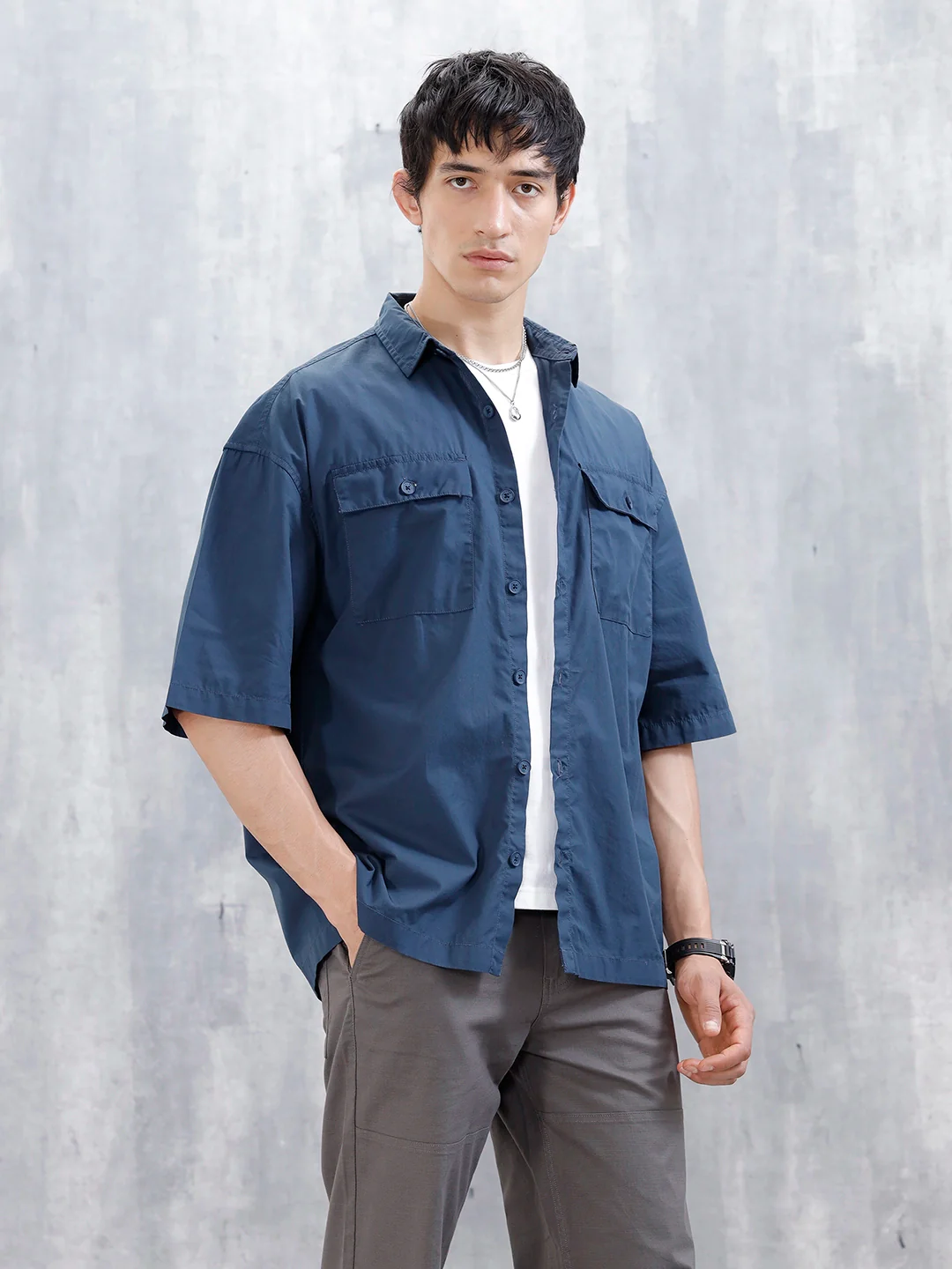Wrogn Men's Oversized Plus Double Pocket Shirt | Blue - Image 4