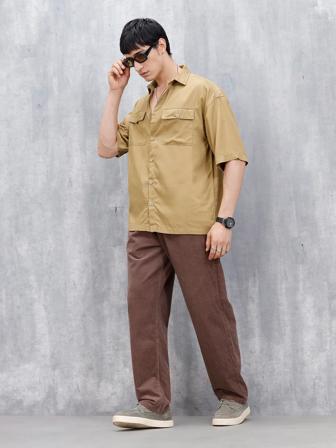 Wrogn Men's Oversized Plus Double Pocket Shirt | Khaki - Image 2