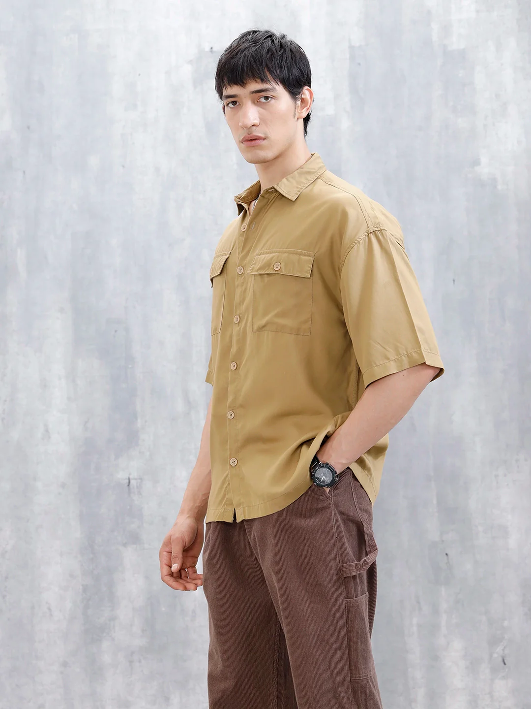 Wrogn Men's Oversized Plus Double Pocket Shirt | Khaki - Image 4