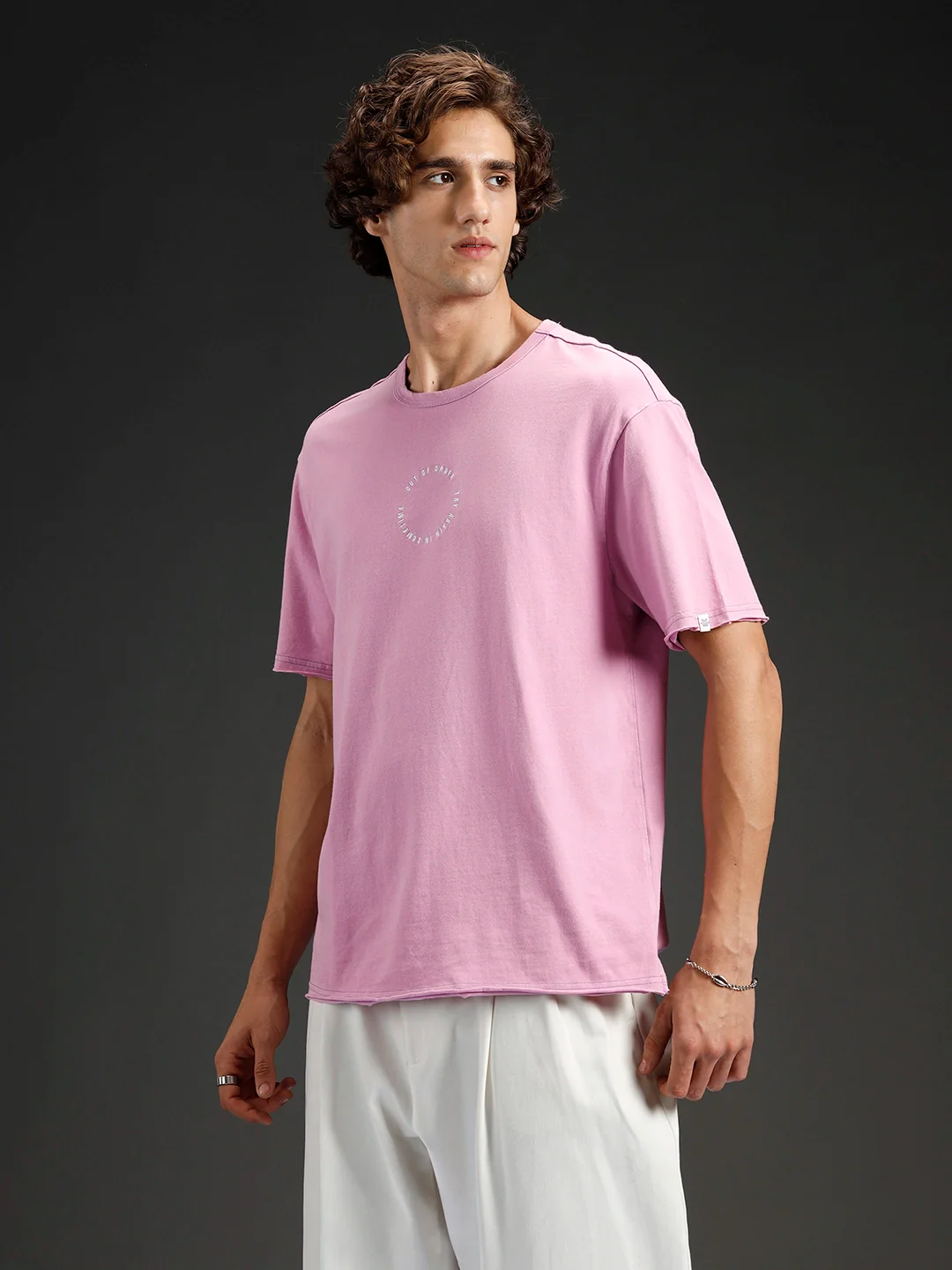 Wrogn Men's Raw Edged Oversized Graphic Tee | Purple - Image 4