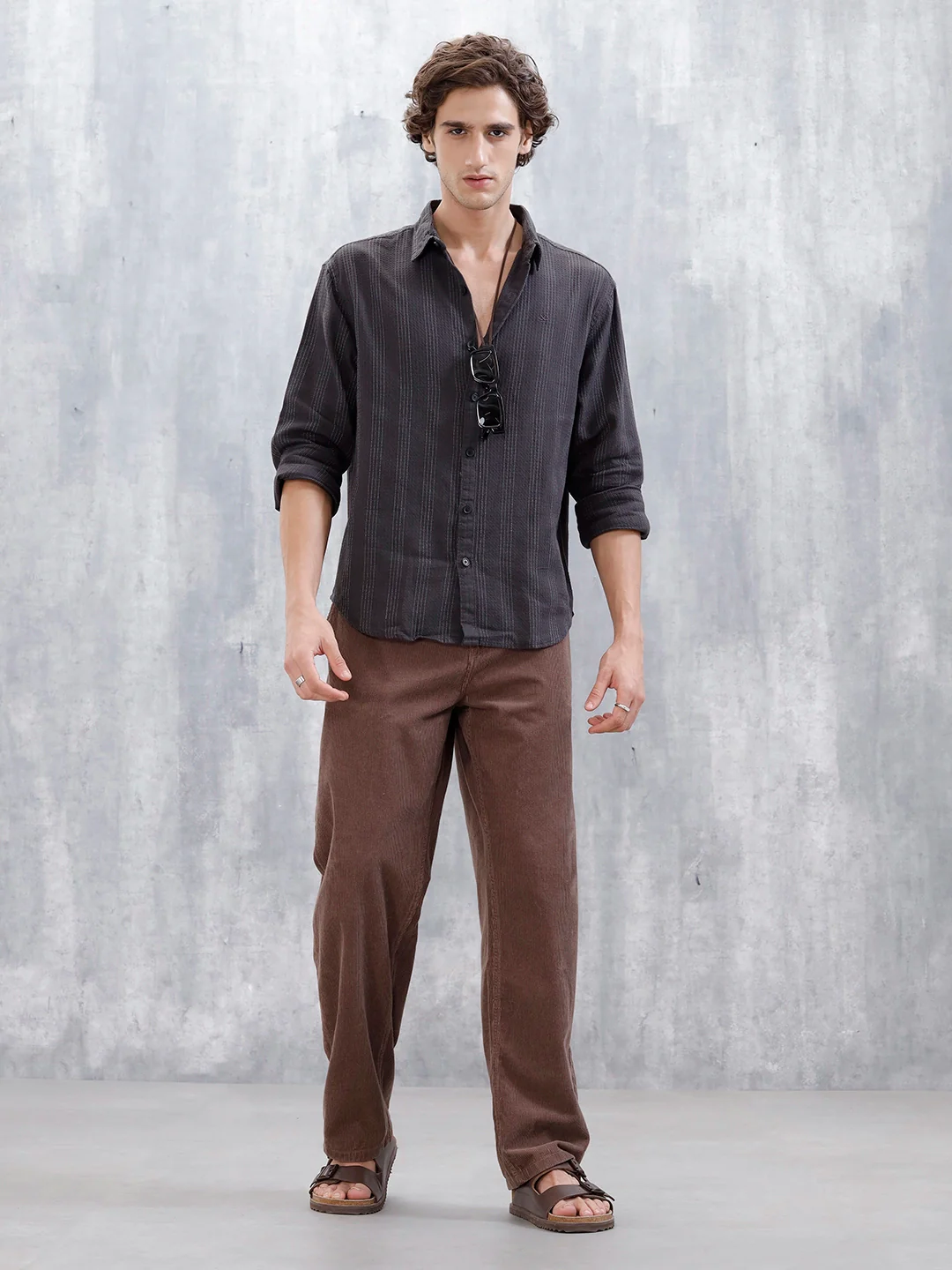 Wrogn Men's Self Stripe Structured Shirt  | Dark Grey - Image 2