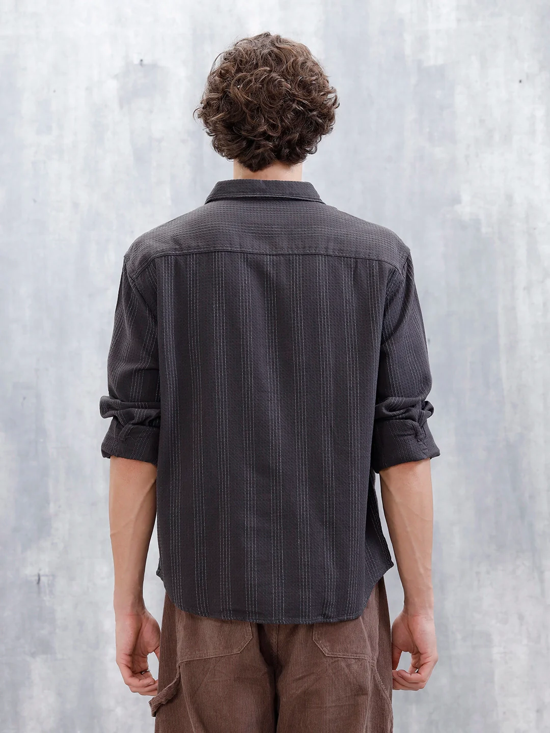 Wrogn Men's Self Stripe Structured Shirt  | Dark Grey - Image 3