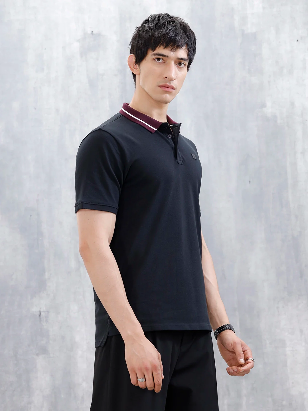 Wrogn Men's Slim Fit Polo T-Shirt With Contrast Collar | Black - Image 4