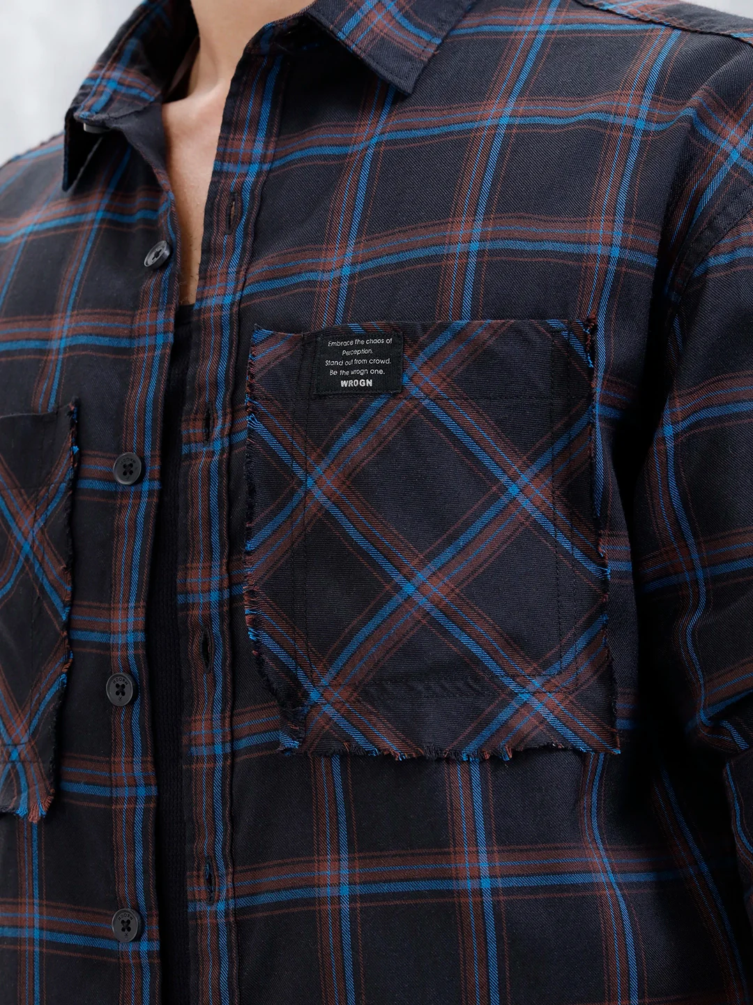 Wrogn Oversized Checkered Shirt With Raw Edged Double Pockets | Black - Image 5