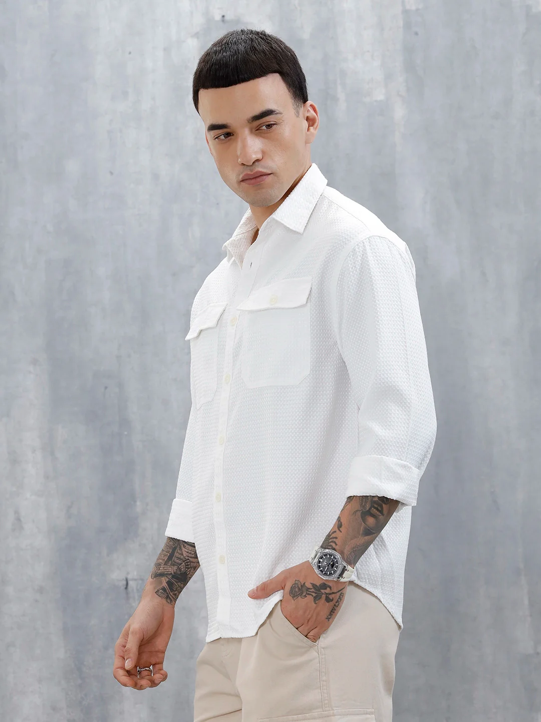 Wrogn Oversized Double Pocket Textured Shirt For Men's | Off White - Image 4