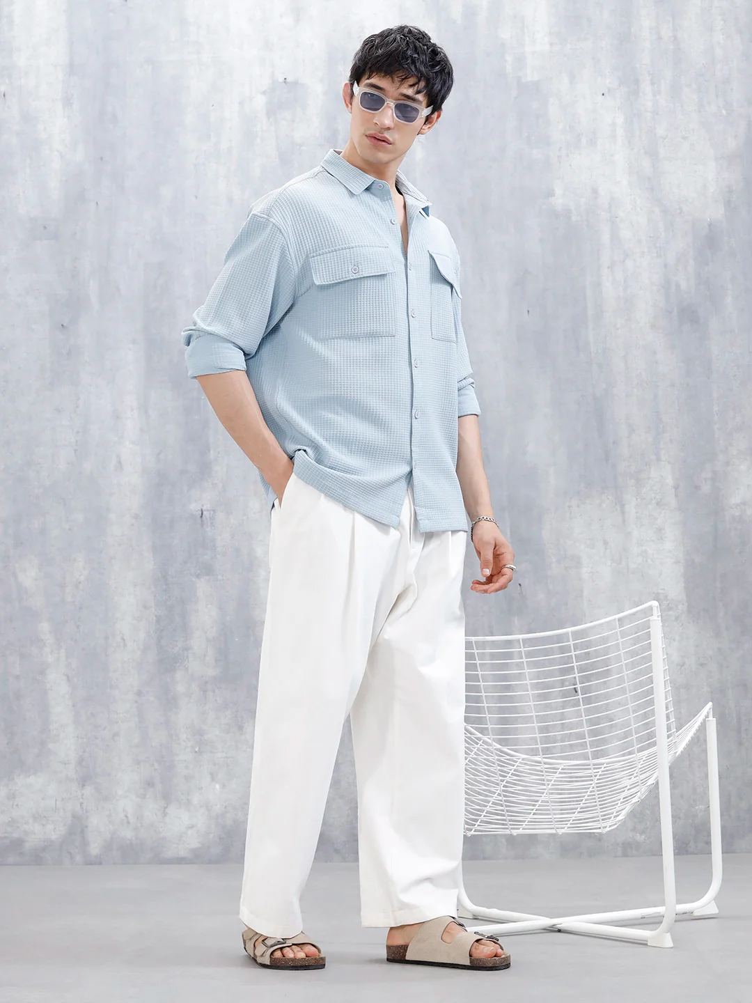 Wrogn Oversized Textured Short Sleeve Shirt With Utility Pockets | Blue - Image 2