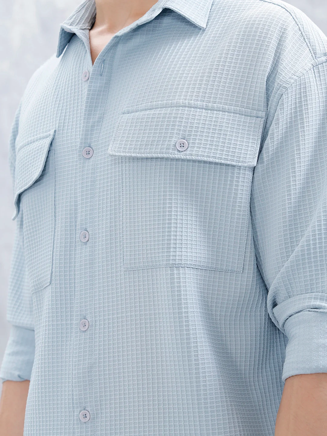 Wrogn Oversized Textured Short Sleeve Shirt With Utility Pockets | Blue - Image 5
