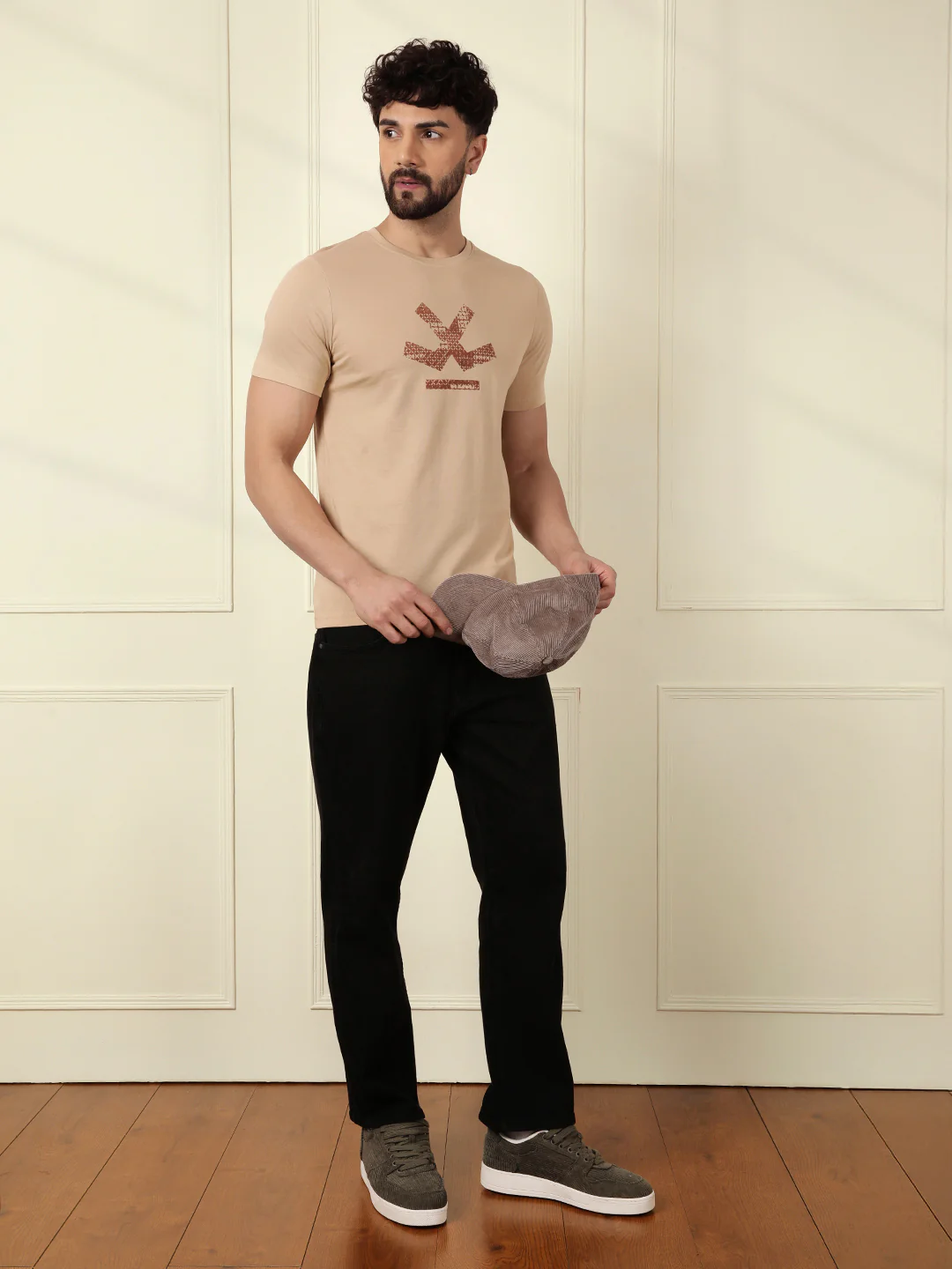 Flock Printed Slim Fit T-Shirt | Beige - Image 3