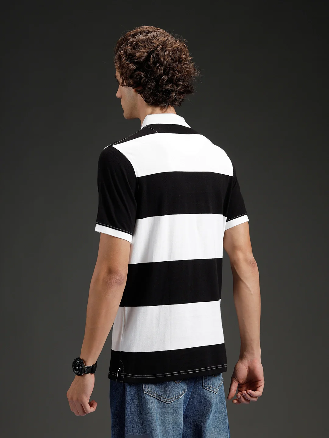 Wrogn Striped Colorblocked Varsity Polo | Black - Image 3