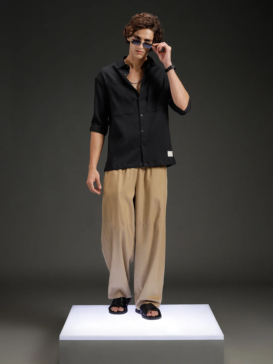 Wrogn Textured Button-Down Casual Shirt | Black - Image 2