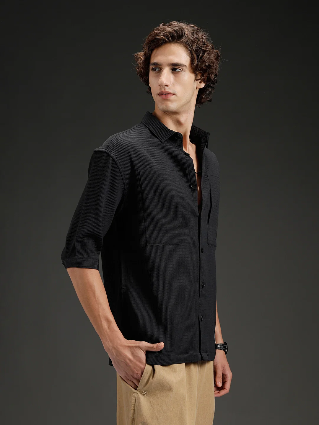 Wrogn Textured Button-Down Casual Shirt | Black - Image 4