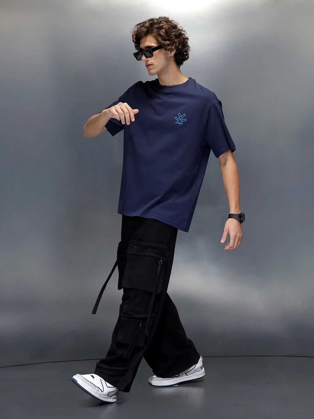 Wrogn Typography Printed Oversized T-Shirt | Navy Blue - Image 2