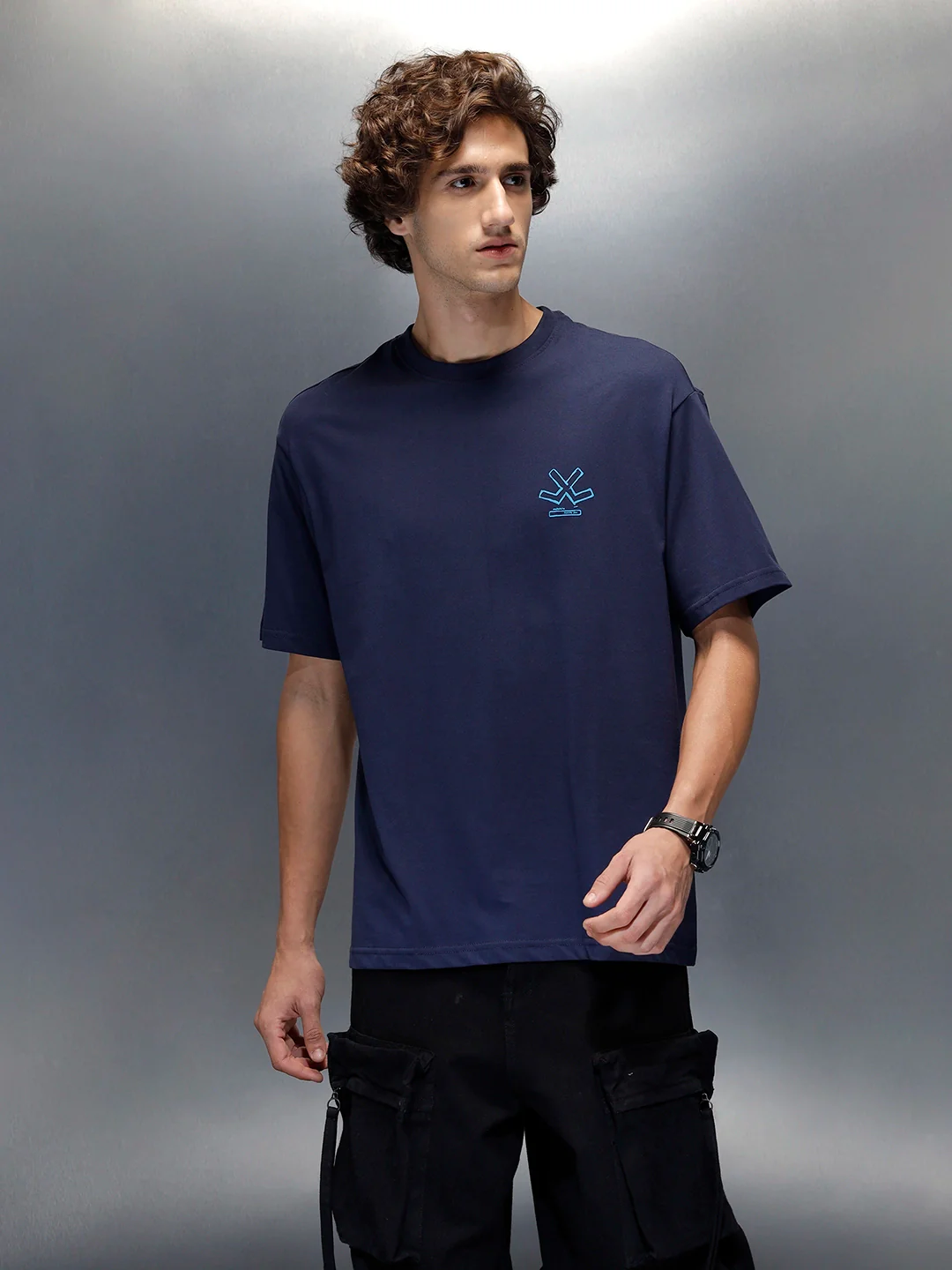 Wrogn Typography Printed Oversized T-Shirt | Navy Blue - Image 4