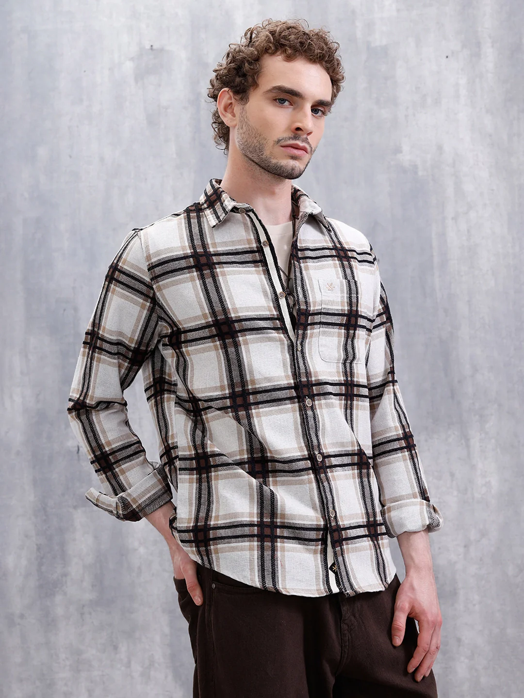 Yarn Checked Slim Fit Shirt | Brown - Image 4