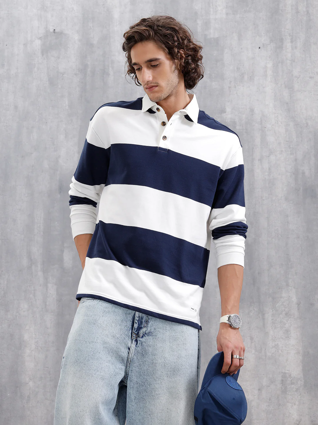 Yarn Dyed Striped Rugby Polo With Twill Collar | Navy Blue - Image 2
