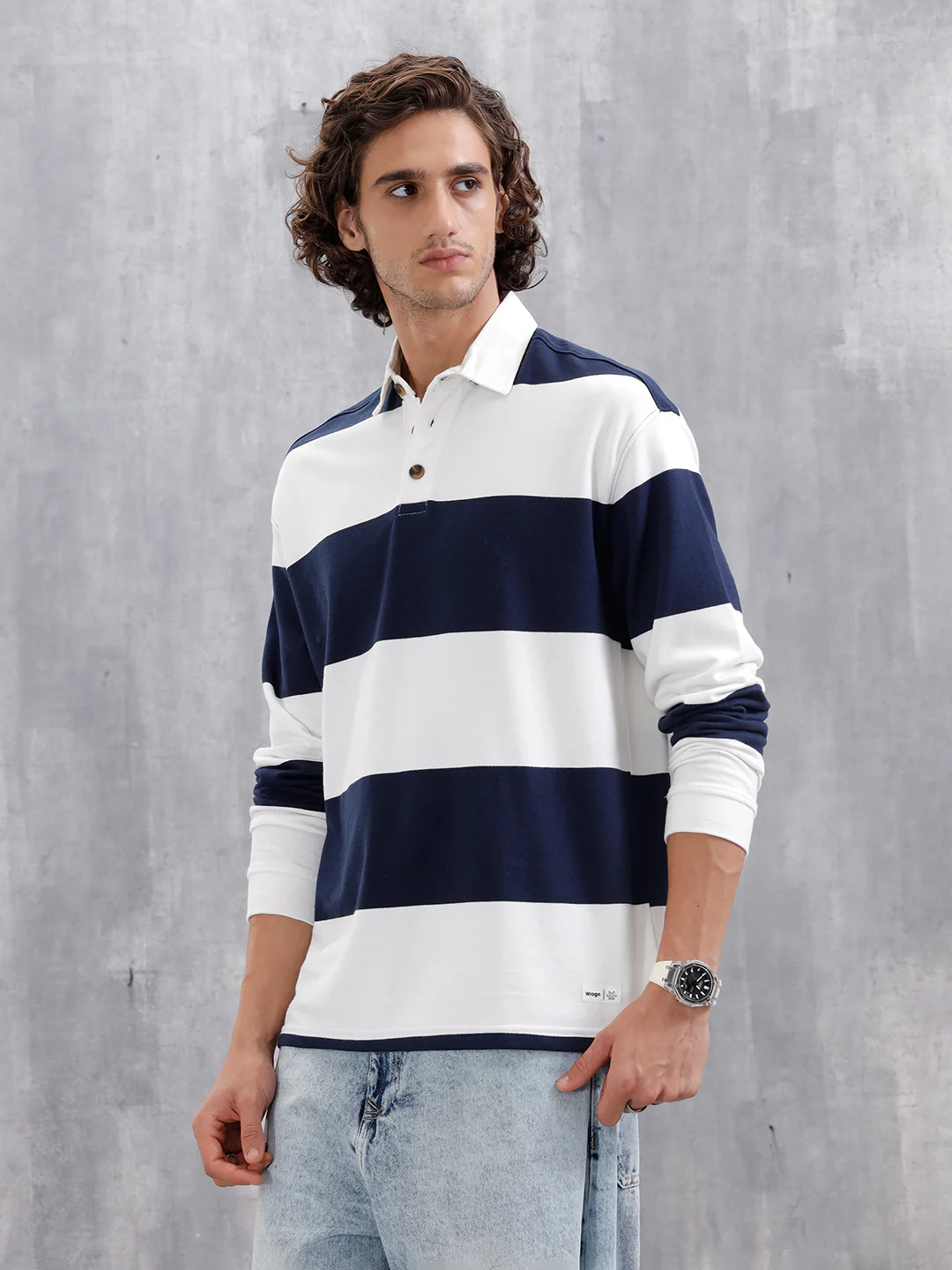 Yarn Dyed Striped Rugby Polo With Twill Collar | Navy Blue - Image 5