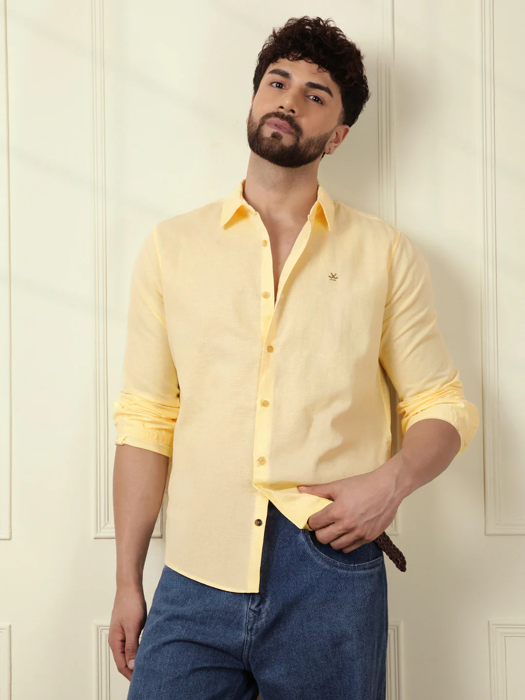 Solid Linen Blend Shirt | Yellow - Image 2