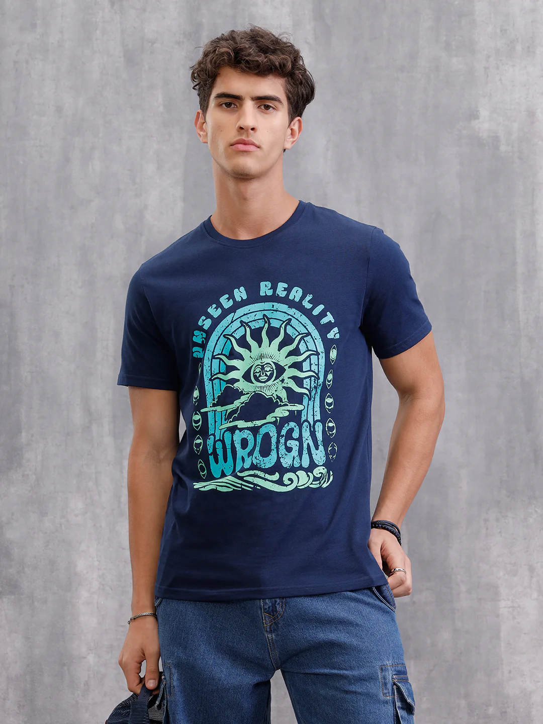 Zen Inspired Chest Print Brand Carrier Crew Neck T-Shirt  | Navy Blue - Image 4