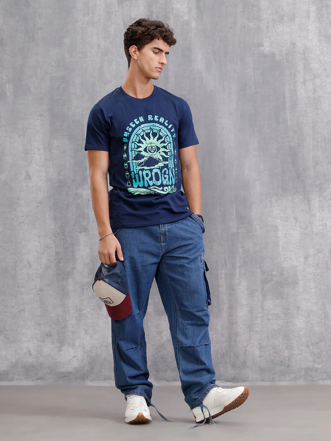 Zen Inspired Chest Print Brand Carrier Crew Neck T-Shirt  | Navy Blue - Image 5