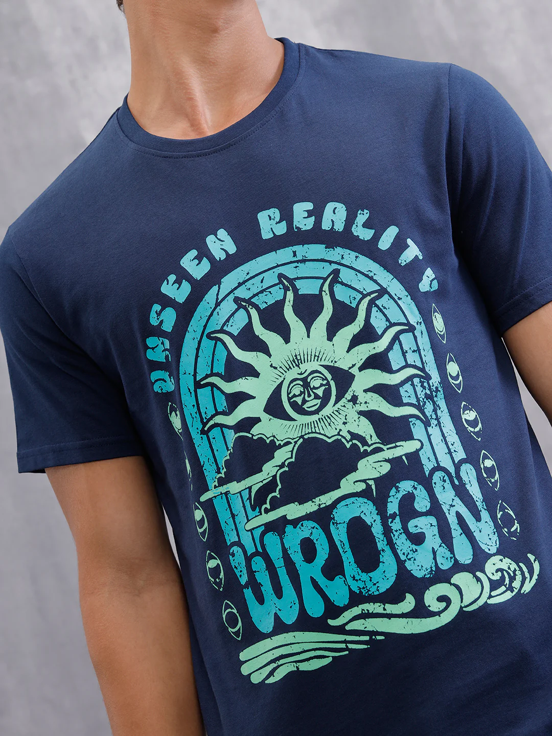 Zen Inspired Chest Print Brand Carrier Crew Neck T-Shirt  | Navy Blue - Image 7