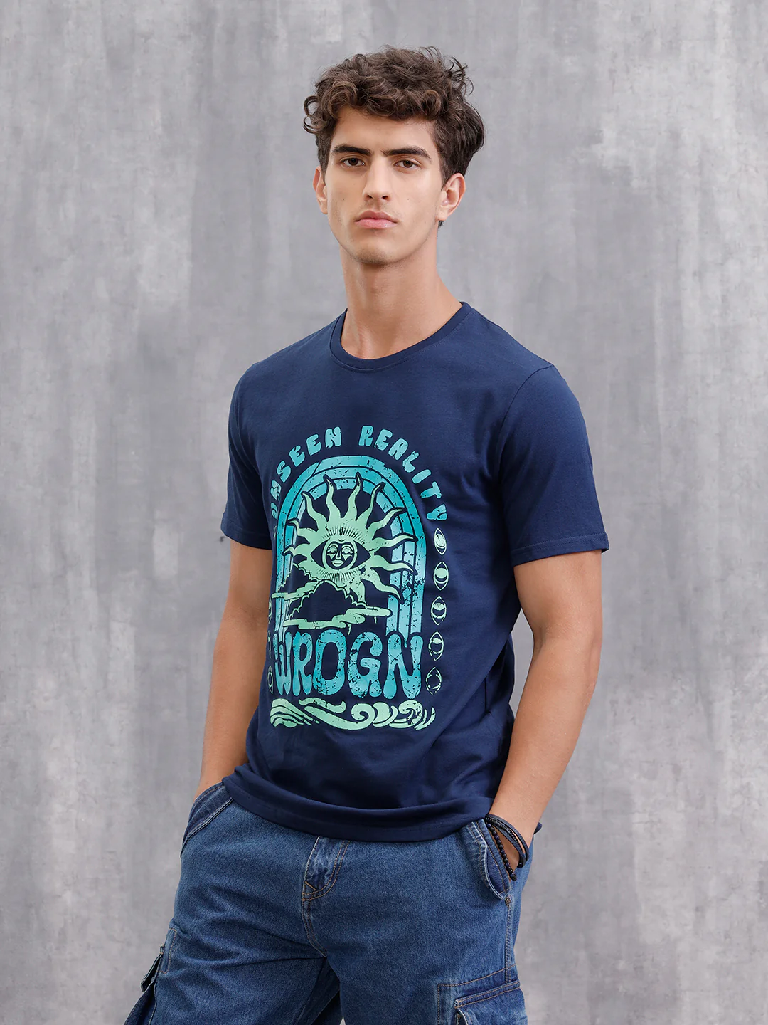Zen Inspired Chest Print Brand Carrier Crew Neck T-Shirt  | Navy Blue - Image 8