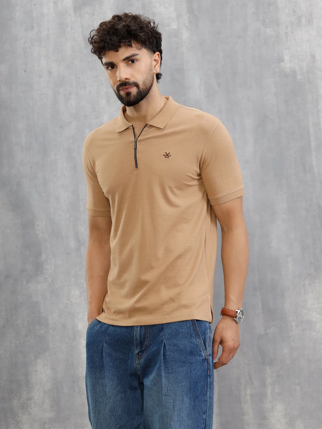 Zipper Polo T-Shirt | Beige - Image 9